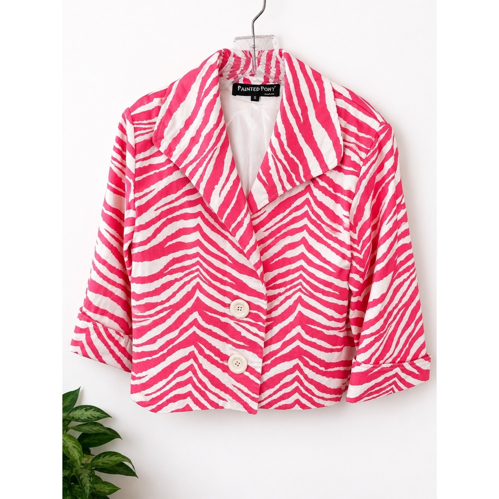 Vintage Painted Pony Pink Zebra Print Cropped Blazer Jacket Small Made USA